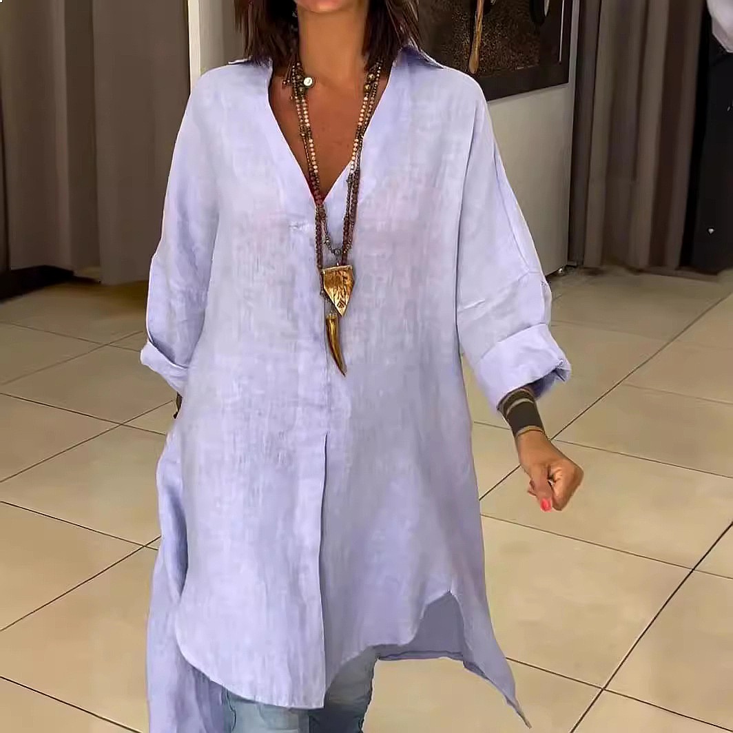 Casual Loose Linen Shirt Dress - فستان قميص نسائي من الكتان، بلوزة