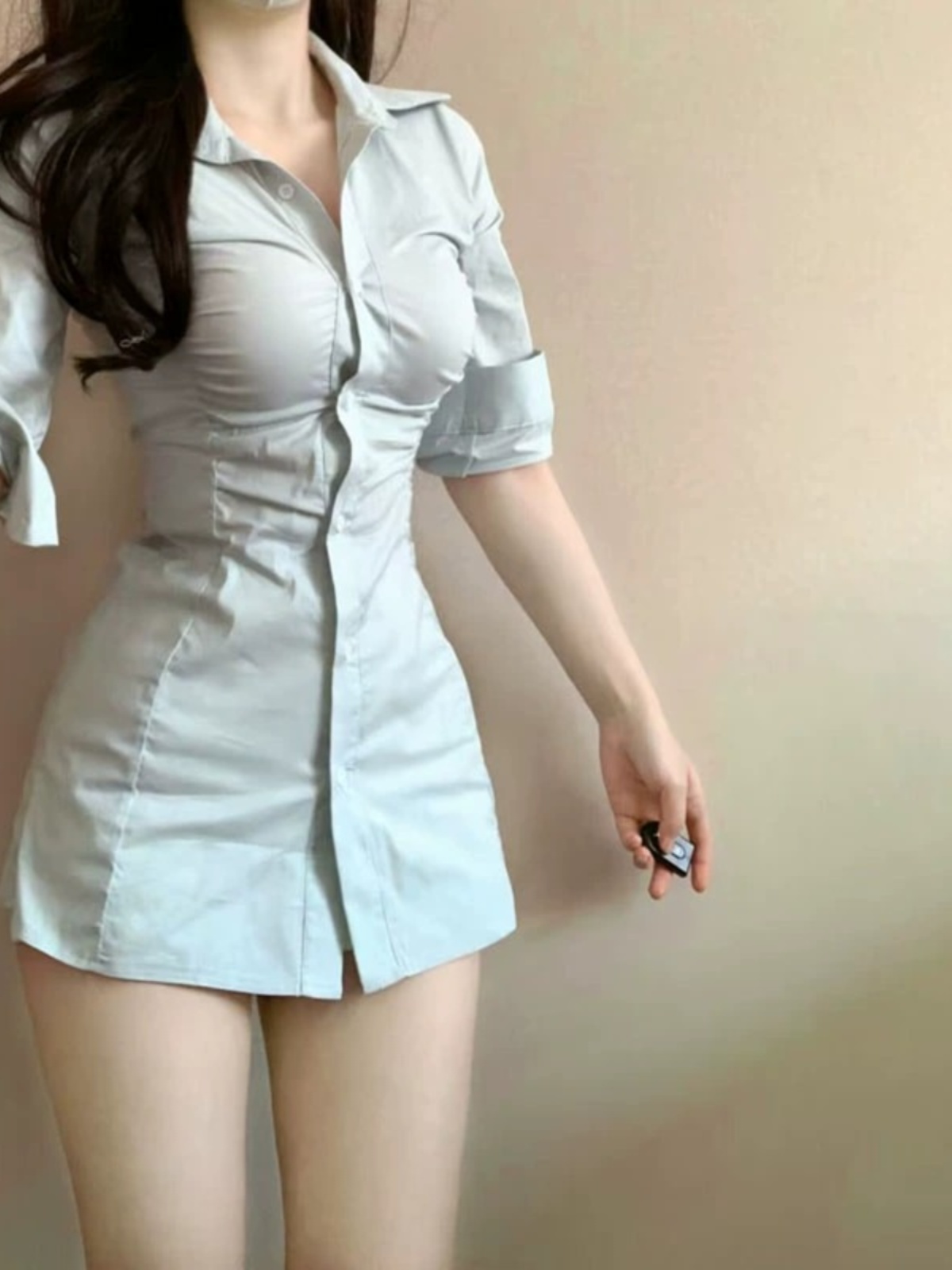 Korean Style A Line Shirt Dress - فستان قميص مثير بخصر مطوي على
