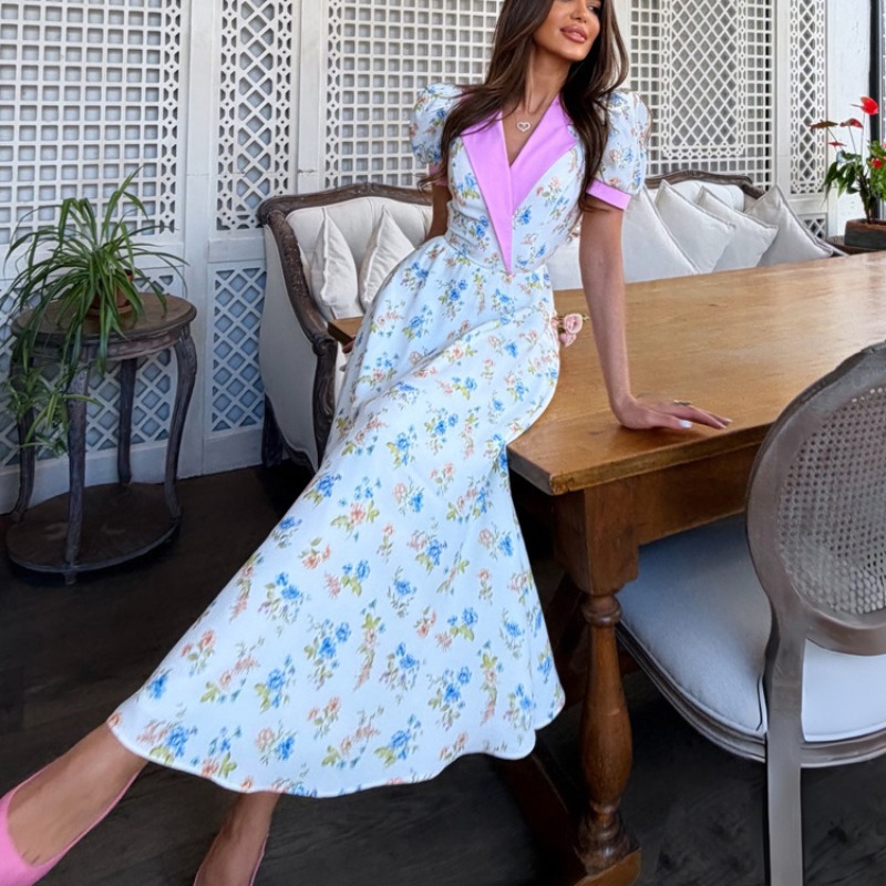 French Vintage Floral Midi Dress - فستان ميدي أنيق بتصميم كورسيه وطبعة